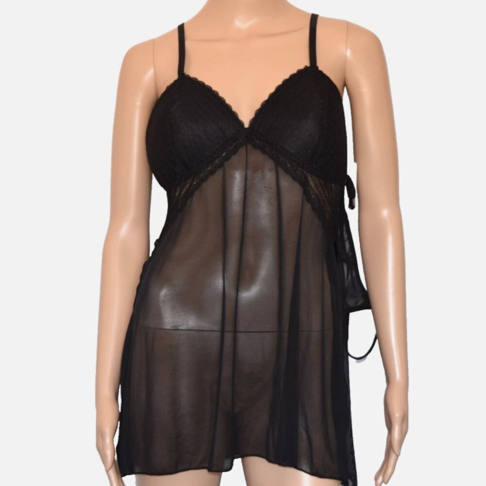 NWT FLORA By Flora Nikrooz Babydoll Set Black Lace With Thong 2-Piece Size L